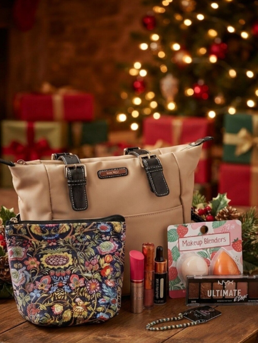 Ready To Gift! Nine West Tote ~ Chocolate Trim, Cosmetic Pouch/Makeup Bundle